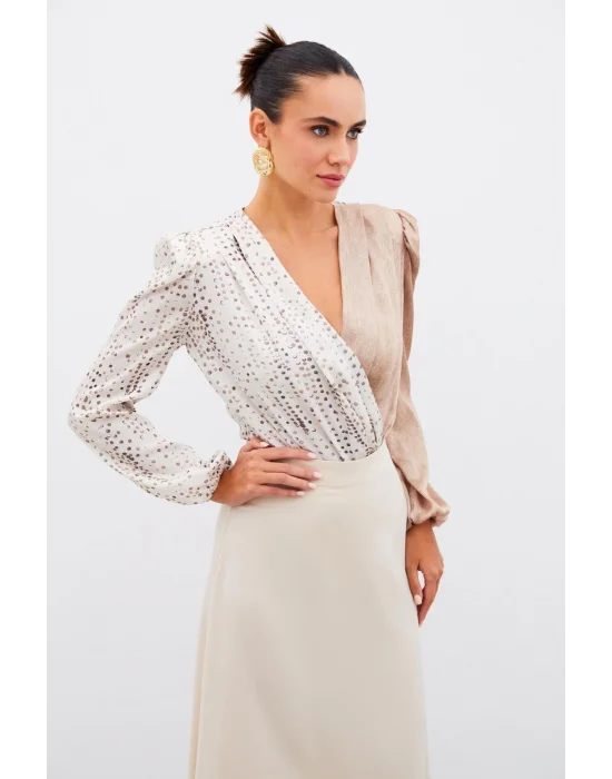 Çift Desenli Kruvaze Bluz - Taş