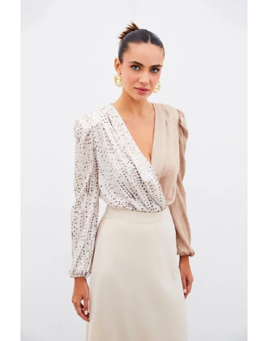 Çift Desenli Kruvaze Bluz - Taş