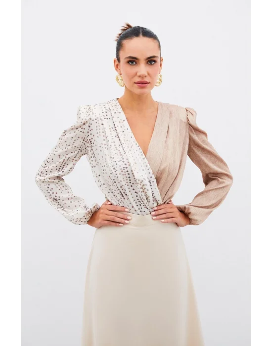 Çift Desenli Kruvaze Bluz - Taş