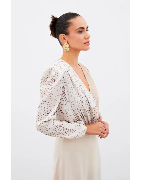 Çift Desenli Kruvaze Bluz - Taş