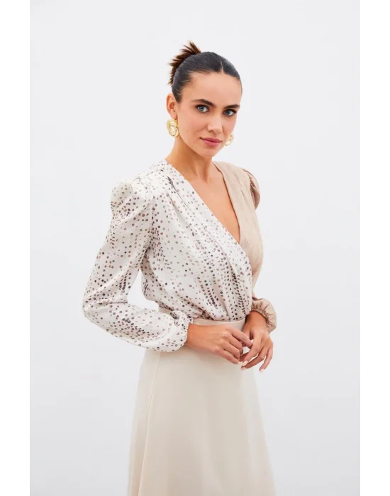 Çift Desenli Kruvaze Bluz - Taş