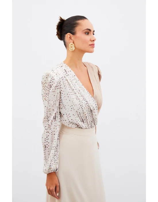 Çift Desenli Kruvaze Bluz - Taş
