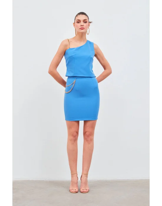 Zincir Aksesuarlı Mini Etek - Sax Mavi