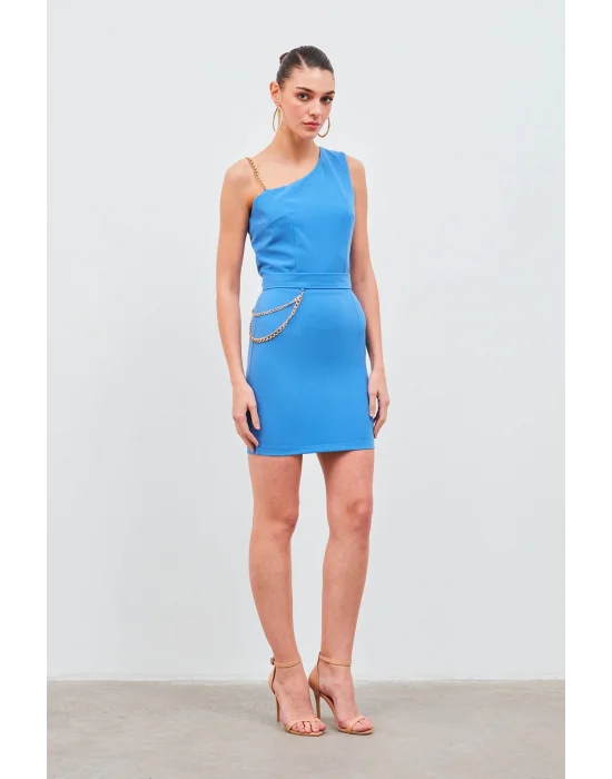 Zincir Aksesuarlı Mini Etek - Sax Mavi