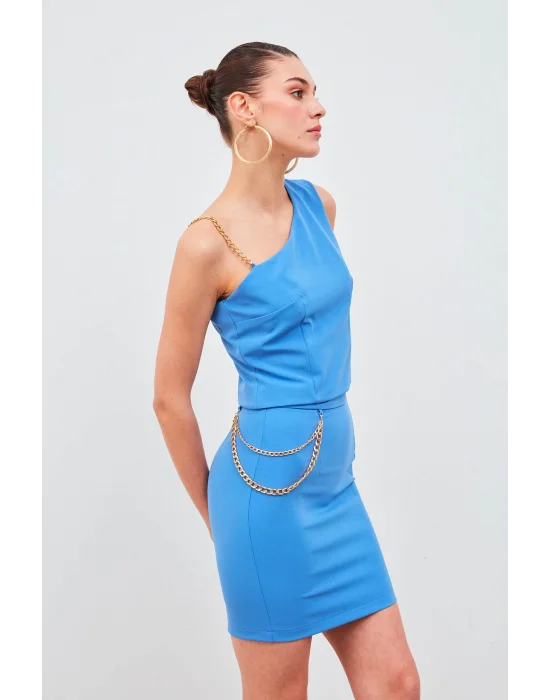 Zincir Aksesuarlı Mini Etek - Sax Mavi