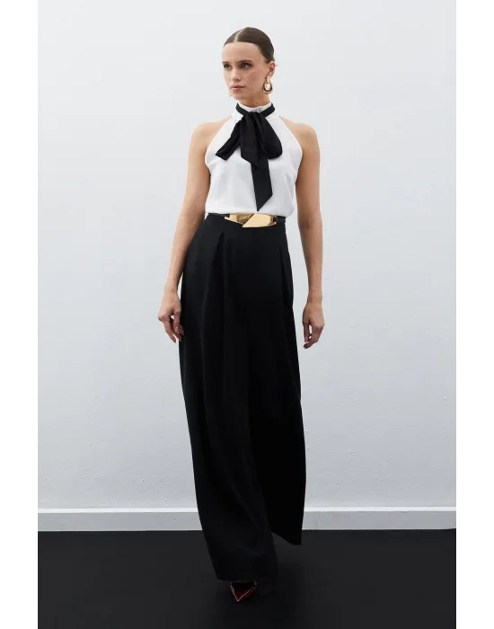 Kontrast Fularlı Kolsuz Bluz - EKRU