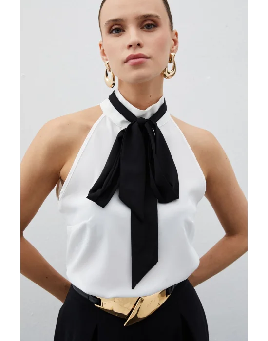 Kontrast Fularlı Kolsuz Bluz - EKRU