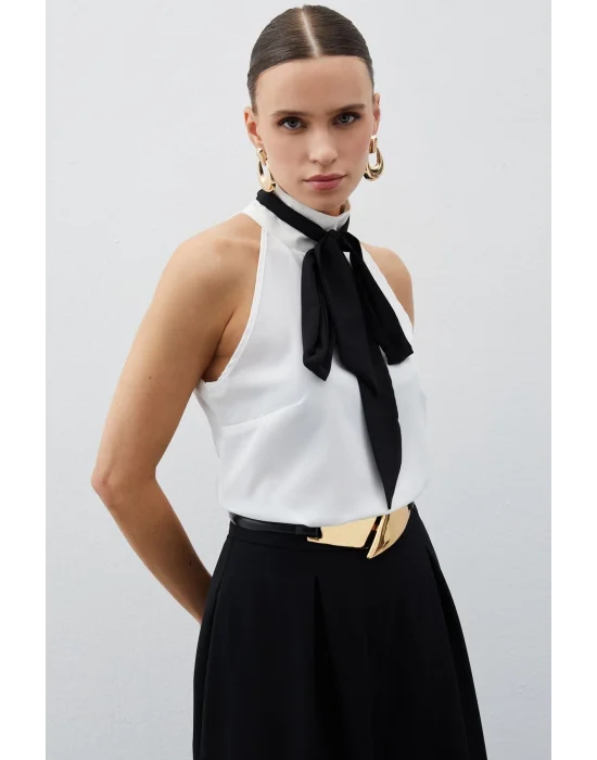 Kontrast Fularlı Kolsuz Bluz - EKRU