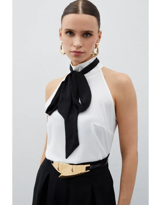 Kontrast Fularlı Kolsuz Bluz - EKRU