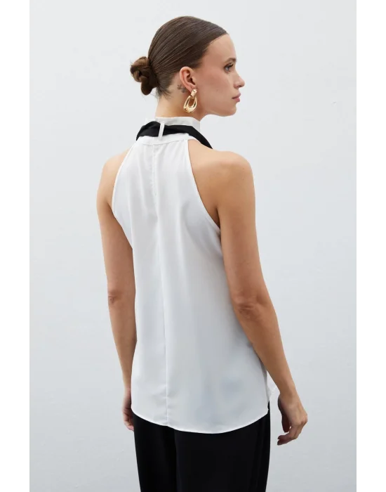 Kontrast Fularlı Kolsuz Bluz - EKRU