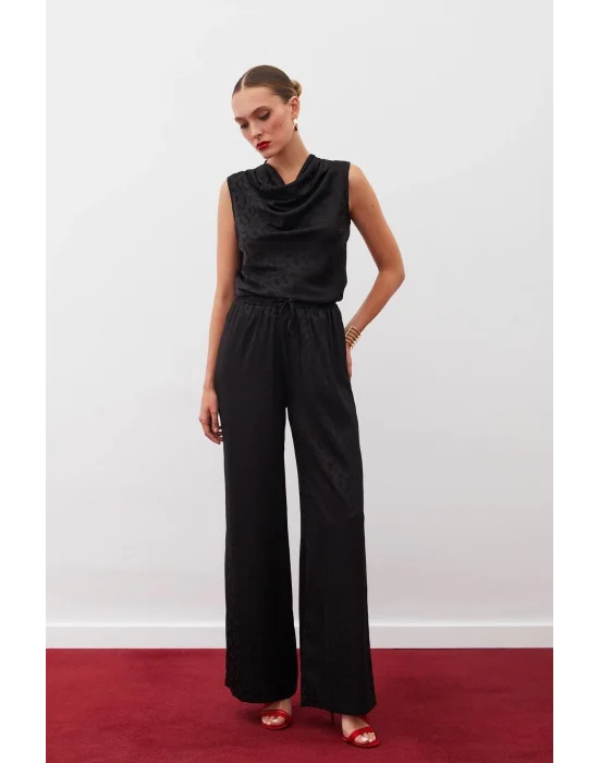 Bel Lastikli Desenli Pantolon - SİYAH