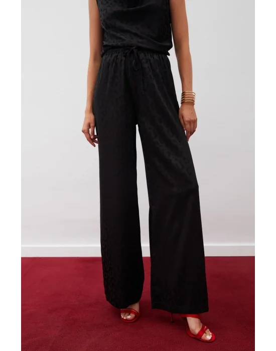 Bel Lastikli Desenli Pantolon - SİYAH