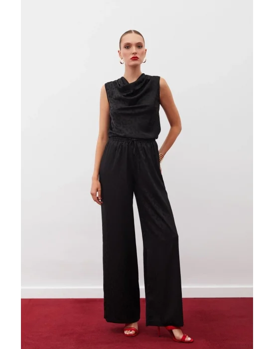 Bel Lastikli Desenli Pantolon - SİYAH