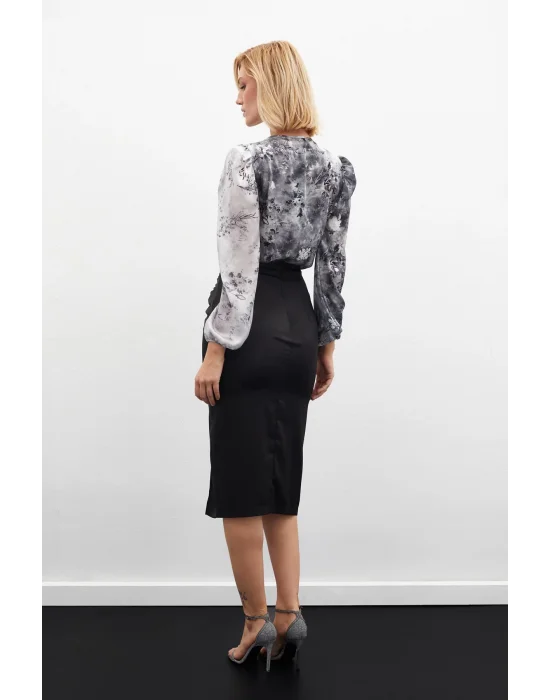 Büzgü Detaylı Saten Etek - Siyah