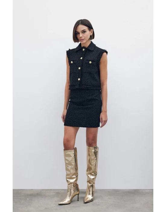 Simli Mini Tüvit Etek - SİYAH