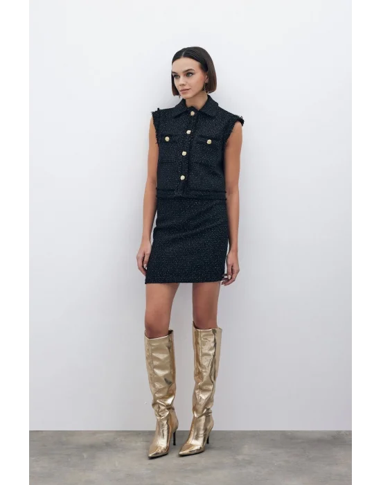 Simli Mini Tüvit Etek - SİYAH