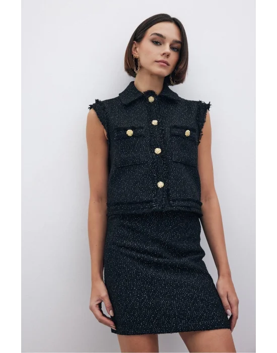 Simli Mini Tüvit Etek - SİYAH