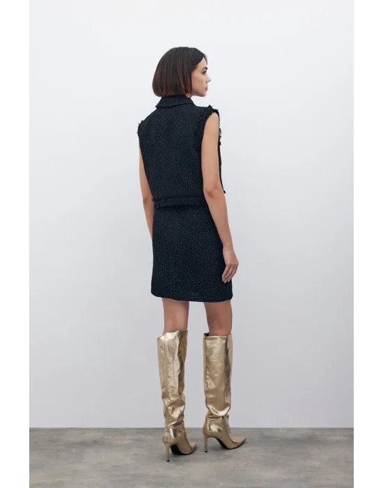 Simli Mini Tüvit Etek - SİYAH