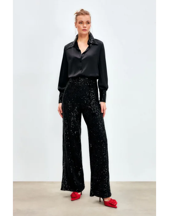 Kemerli Payet Pantolon - Siyah