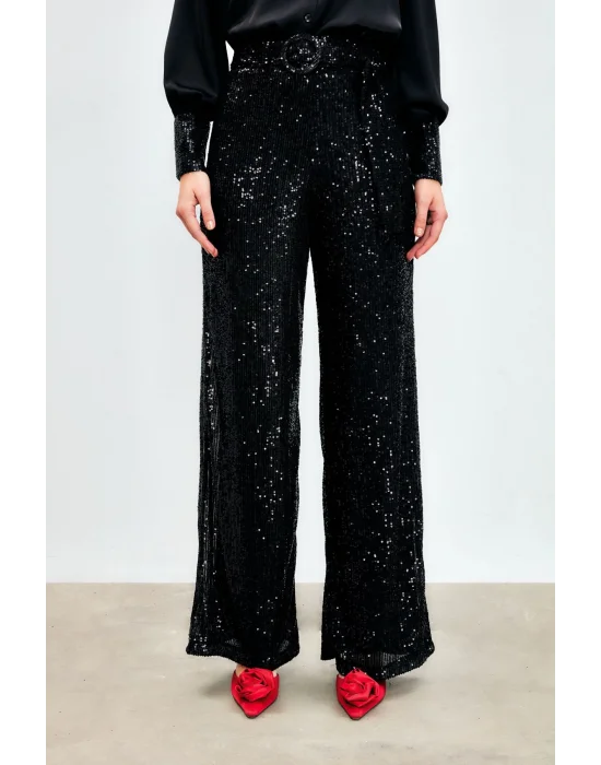 Kemerli Payet Pantolon - Siyah