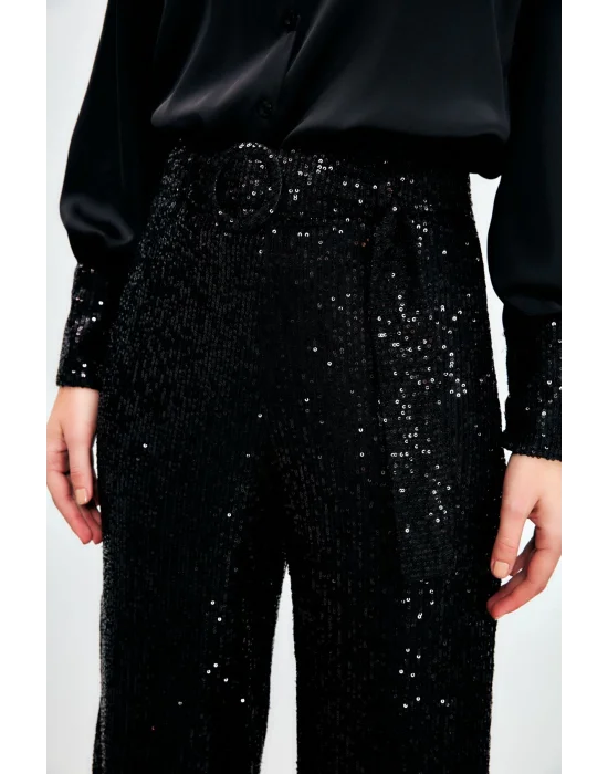 Kemerli Payet Pantolon - Siyah