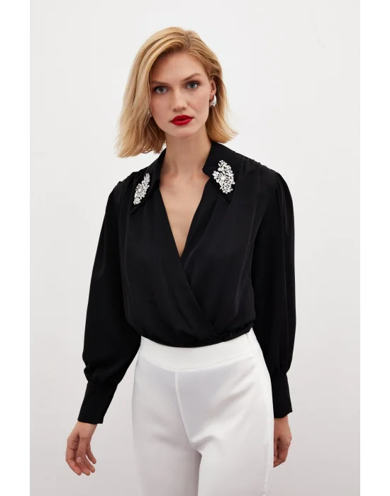 Aksesuar Detaylı Bodysuit Bluz - SİYAH