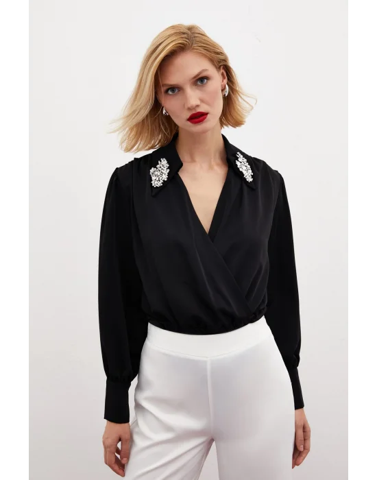 Aksesuar Detaylı Bodysuit Bluz - SİYAH