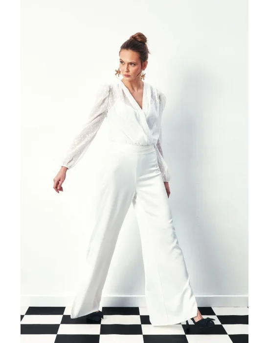 Desenli Kruvaze Bodysuit Bluz - EKRU