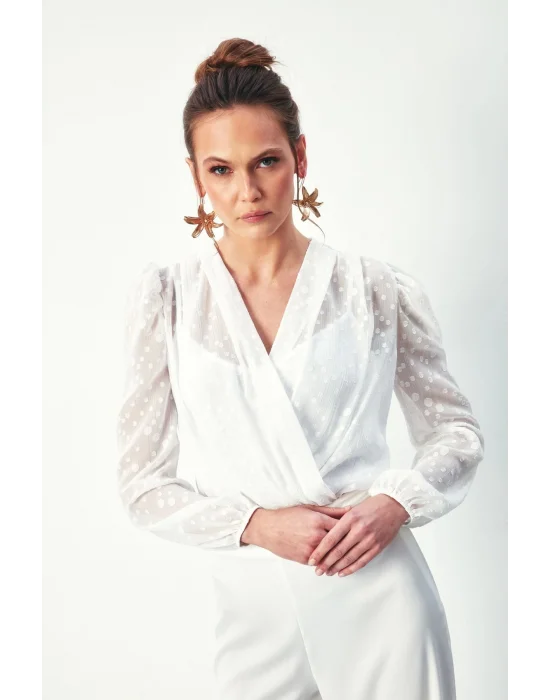 Desenli Kruvaze Bodysuit Bluz - EKRU