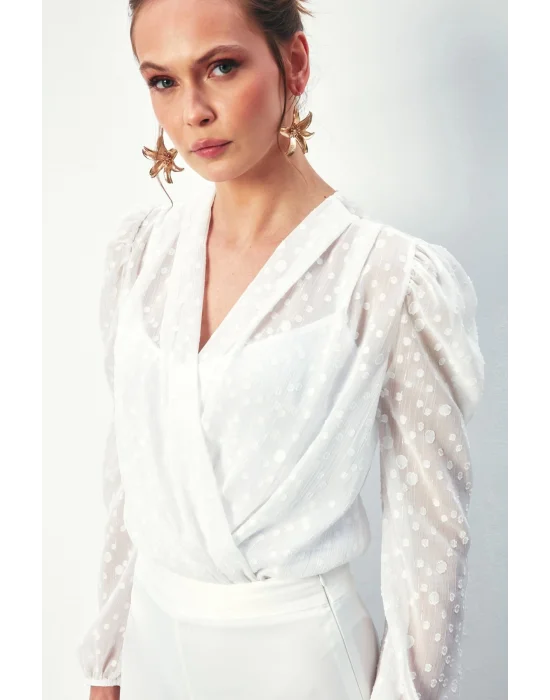 Desenli Kruvaze Bodysuit Bluz - EKRU