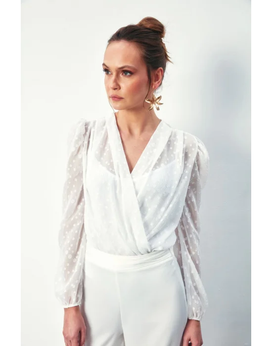 Desenli Kruvaze Bodysuit Bluz - EKRU