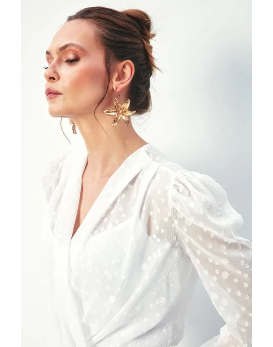 Desenli Kruvaze Bodysuit Bluz - EKRU