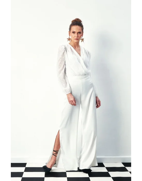 Desenli Kruvaze Bodysuit Bluz - EKRU