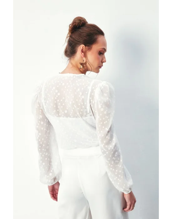 Desenli Kruvaze Bodysuit Bluz - EKRU