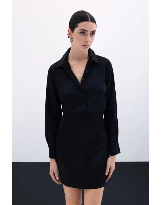 Desenli Düz Klasik Gömlek - SİYAH