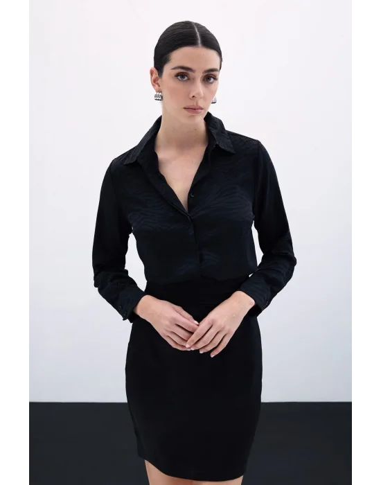 Desenli Düz Klasik Gömlek - SİYAH