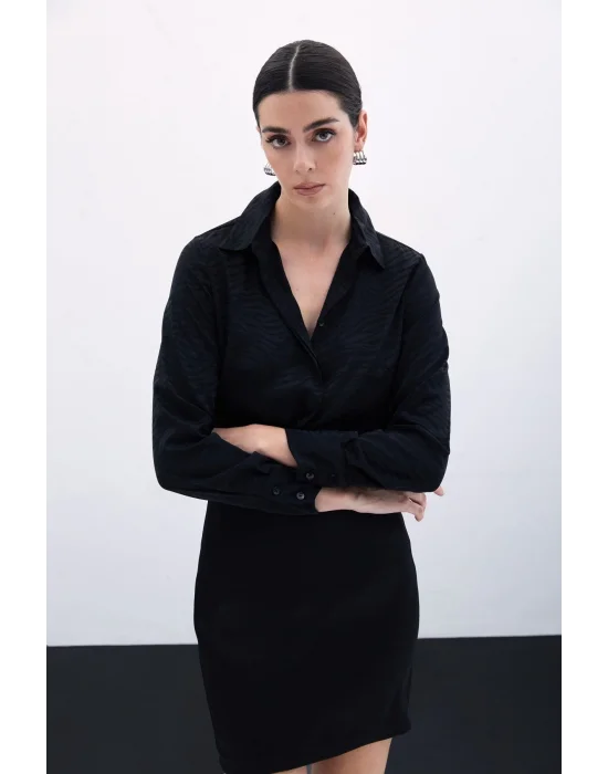 Desenli Düz Klasik Gömlek - SİYAH