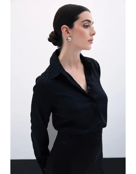 Desenli Düz Klasik Gömlek - SİYAH