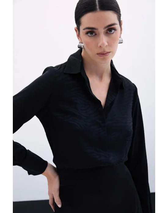 Desenli Düz Klasik Gömlek - SİYAH