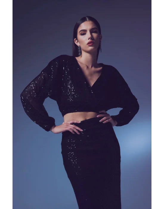 Payetli Kruvaze Bluz - SİYAH