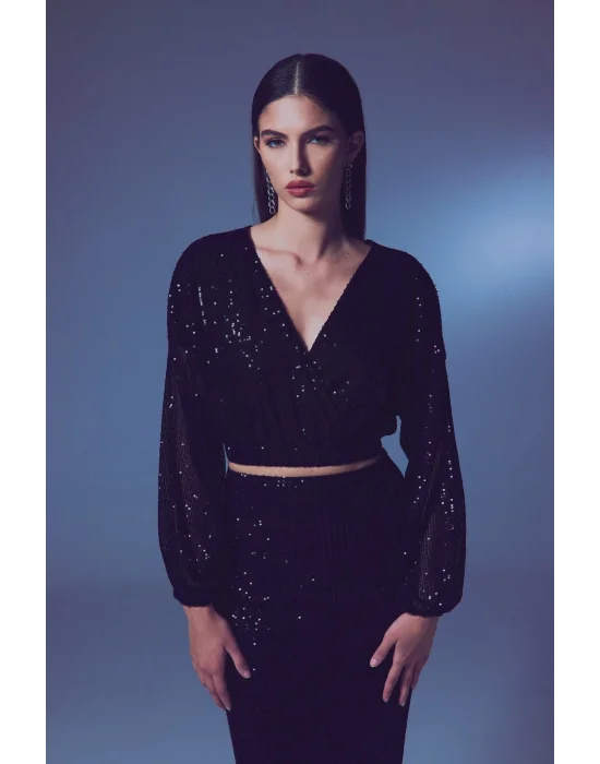 Payetli Kruvaze Bluz - SİYAH