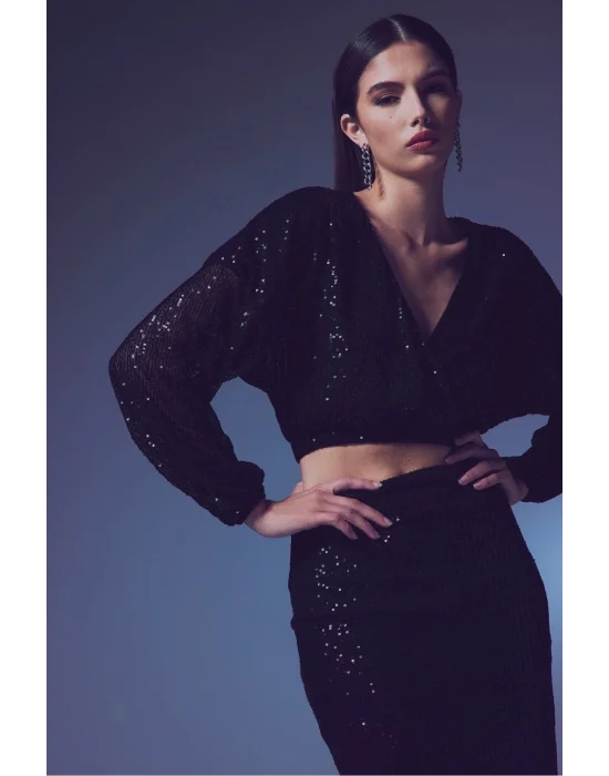 Payetli Kruvaze Bluz - SİYAH