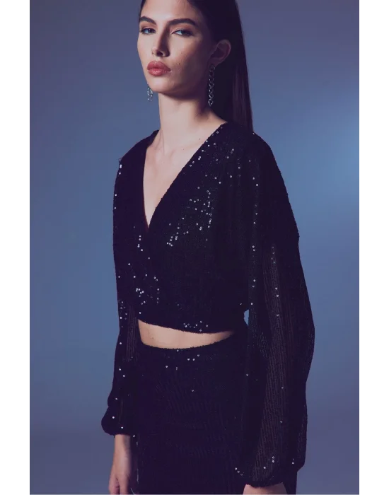 Payetli Kruvaze Bluz - SİYAH