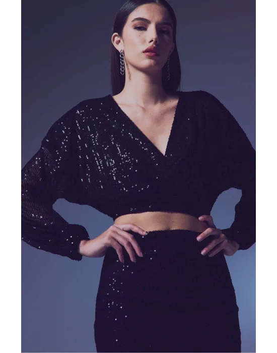 Payetli Kruvaze Bluz - SİYAH