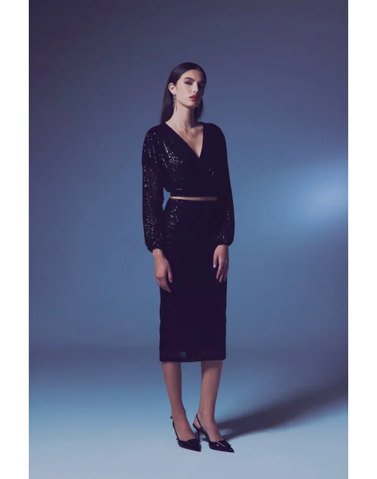 Payetli Kruvaze Bluz - SİYAH