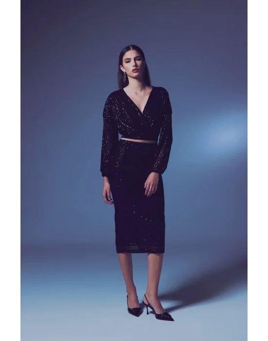 Payetli Kruvaze Bluz - SİYAH