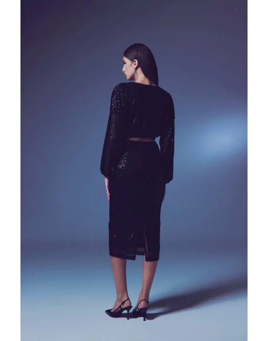 Payetli Kruvaze Bluz - SİYAH