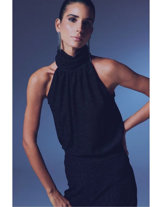 Kolsuz Parlak Bluz - SİYAH