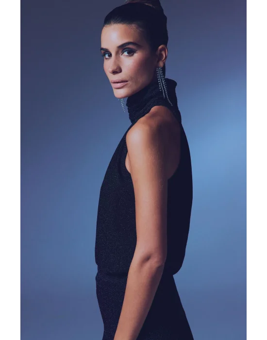 Kolsuz Parlak Bluz - SİYAH