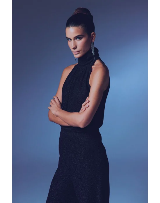 Kolsuz Parlak Bluz - SİYAH